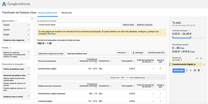 Planificador de palabras clave de Google Adwords